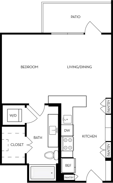 A floor plan of a house with a patio, bedroom, living/dining area, kitchen, bathroom, and pantry.